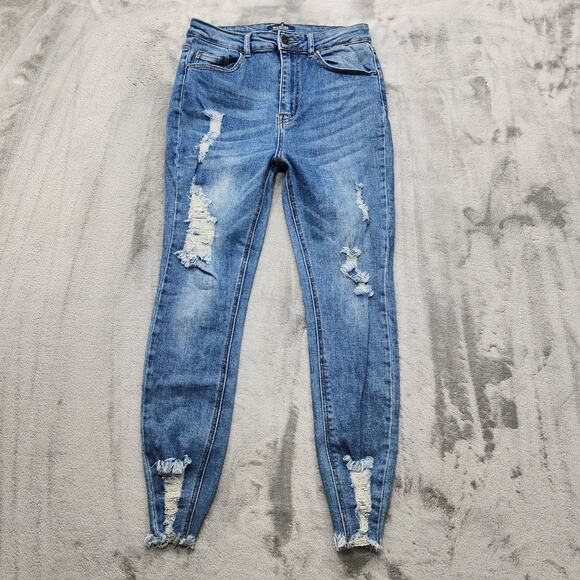Wax Jean Womens 7/28 Blue Distressed High Rise Ankle Skinny Leg Stretch Denim - Picture 1 of 12